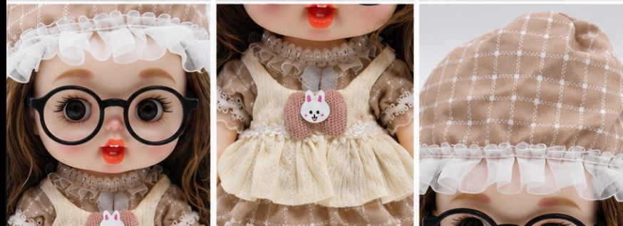 Cream Plaid Big Eye Doll with Glasses image