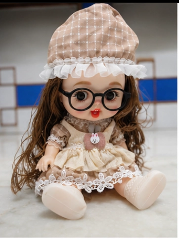 Cream Plaid Big Eye Doll with Glasses image