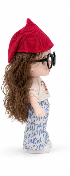 Big Eye Doll with Red Knit Cap & Blue Printed Outfit image