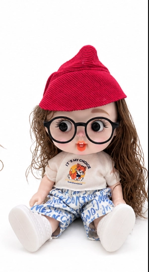 Big Eye Doll with Red Knit Cap & Blue Printed Outfit image