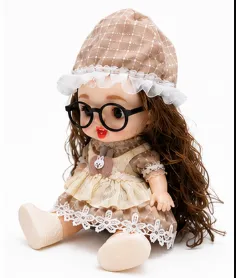 Cream Plaid Big Eye Doll with Glasses image