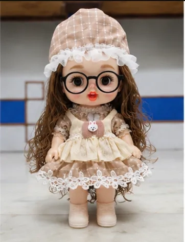 Cream Plaid Big Eye Doll with Glasses image