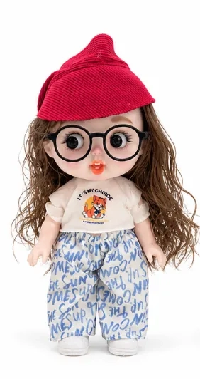 Big Eye Doll with Red Knit Cap & Blue Printed Outfit image